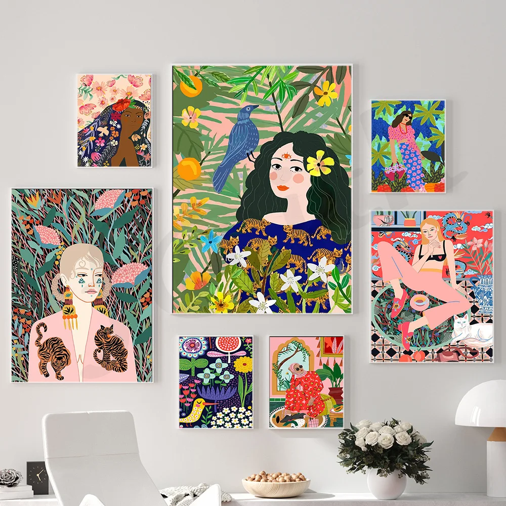 

Modern Garden PLants Flower and Woman Wall Art Canvas Painting Abstract Posters and Prints Gallery Unique Home Decor