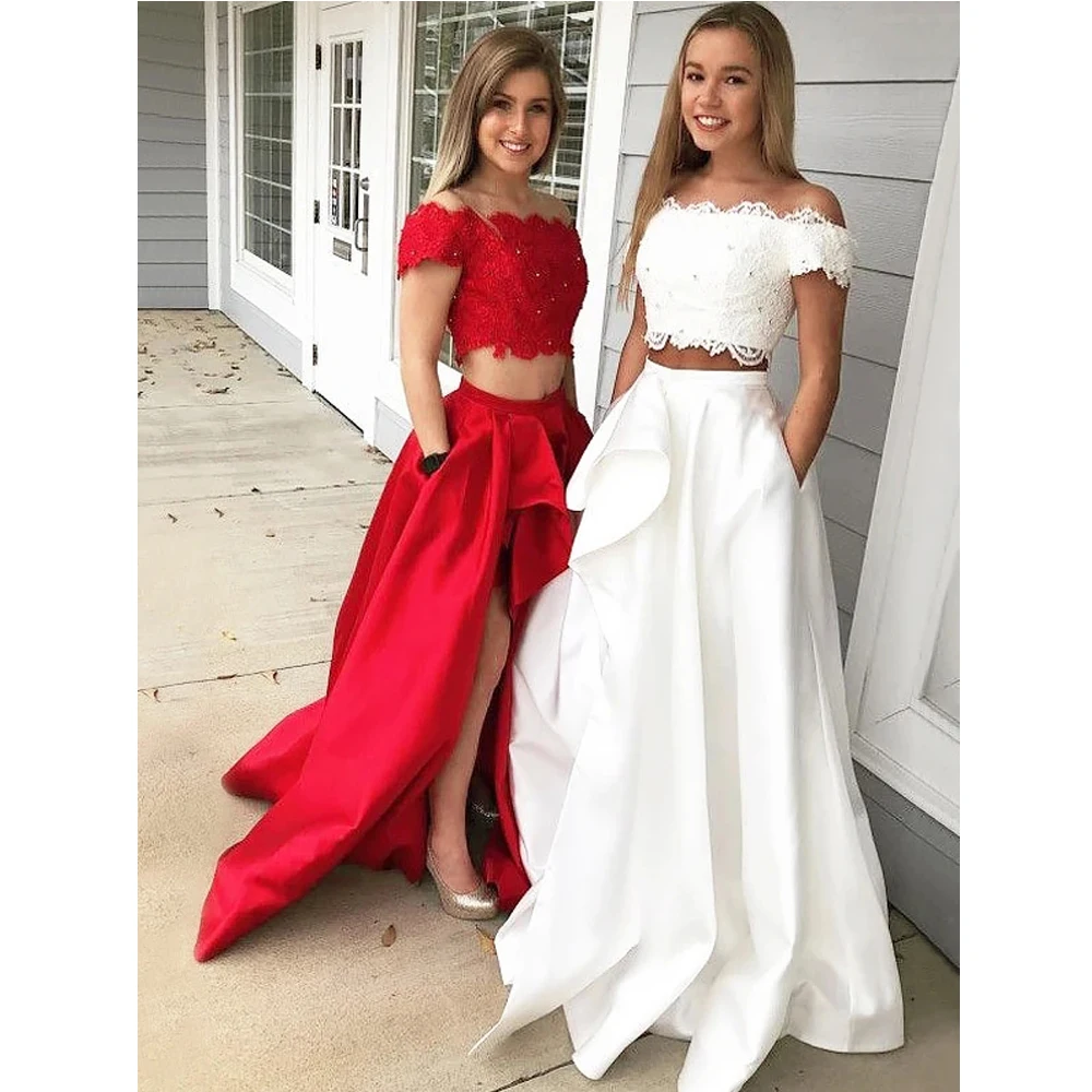 

Женское вечернее платье, красное и белое платье-трапеция с открытыми плечами, длинное кружевное платье с Боковым Разрезом, 2021