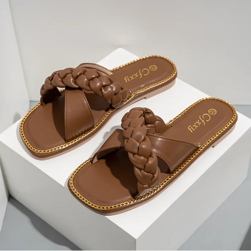

Women Weave Slippers 2021 Summer New Fashion Square Toe Flat Casual Shoes Women SlideFlip Flops Beach Sandal Slipper Big size41