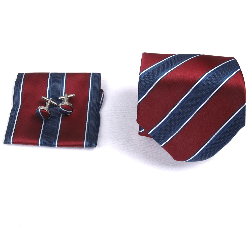 

Luxury Men'S Silk Tie Pocket Square Cuff links, Burgundy Blue Striped Tie Set Gift Box Wedding Gift Box Groomsmen,Business Ties