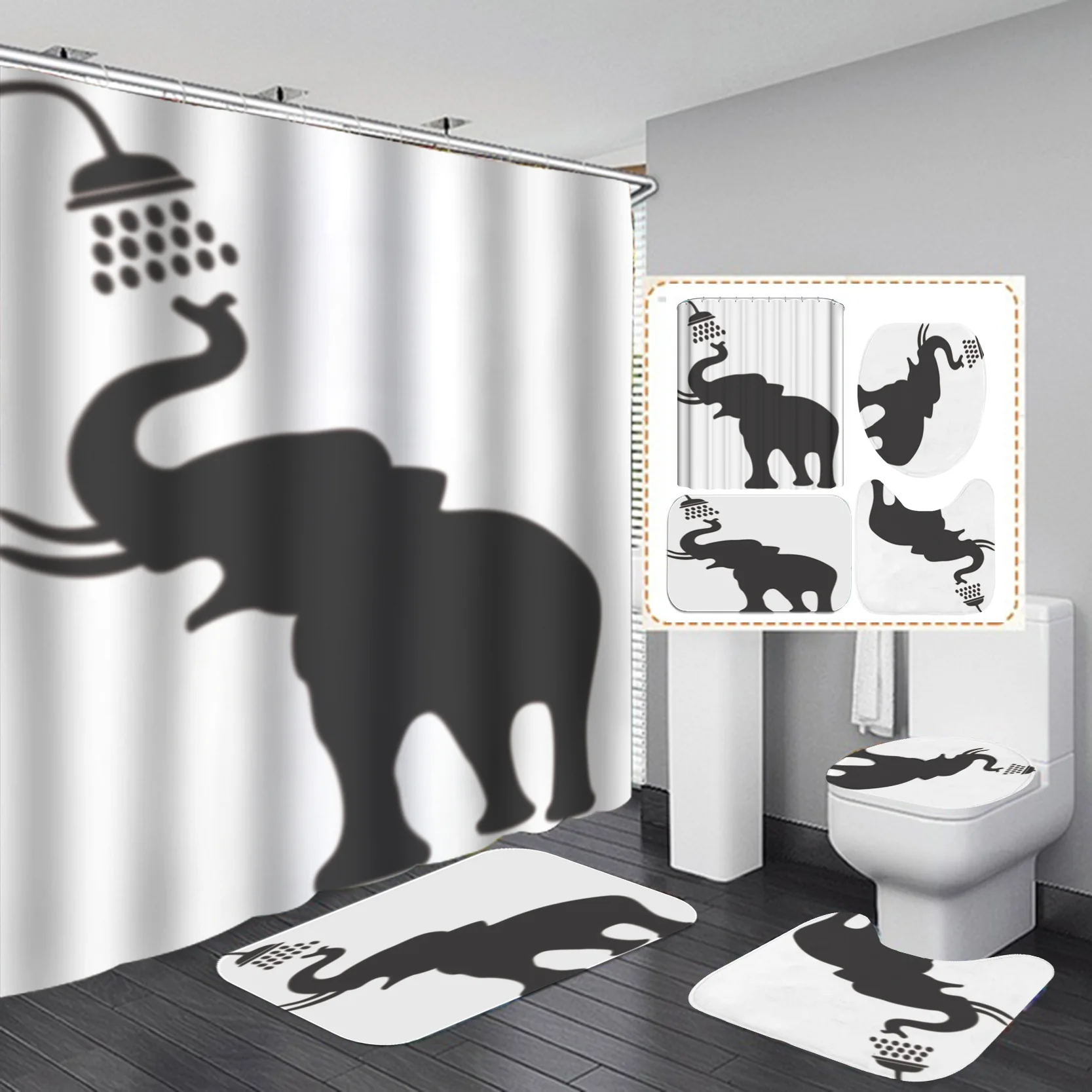 Beste Olifant Patroon Douchegordijn Set Badmatten Antislip Tapijten Wc Deksel Cover 4 Stuks Set Dier Bubble Waterdichte Badkamer Gordijn