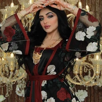 ab035 dress combination abaya woman black flower embroidery lace muslim 2 piece set female jalabiya arabic kaftan with inner