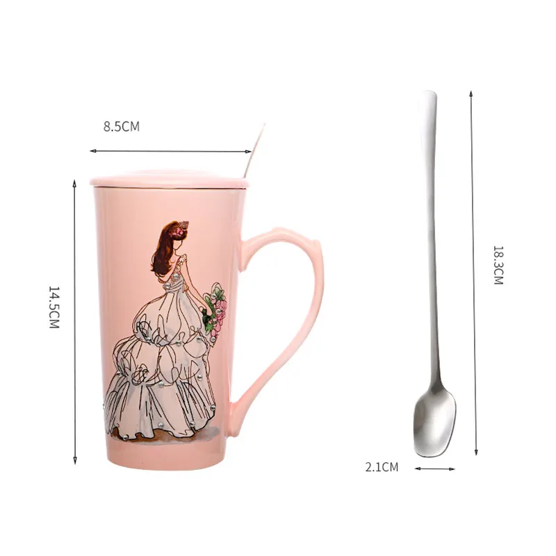 

Large Capacity 3D Pink Beautiful Wedding Dress Girls Coffee Mug with Spoon Lid Ceramic Office Water Tea Milk Cup Creative Gift