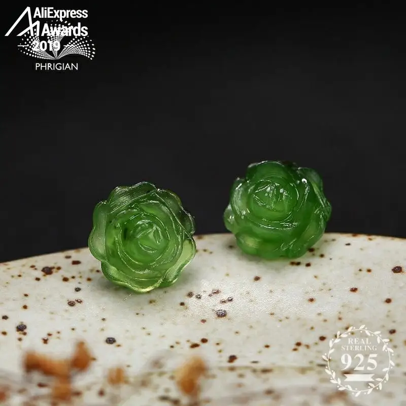 Женские серьги из серебра 925 пробы с зеленым нефритом|Серьги-гвоздики| |