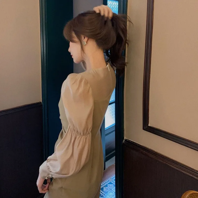 

2021 Spring French Elegant Midi Dress Women Square Collor Puffer Sleeve Vintage Dress Korean Female Sweet Party One Piece Dress