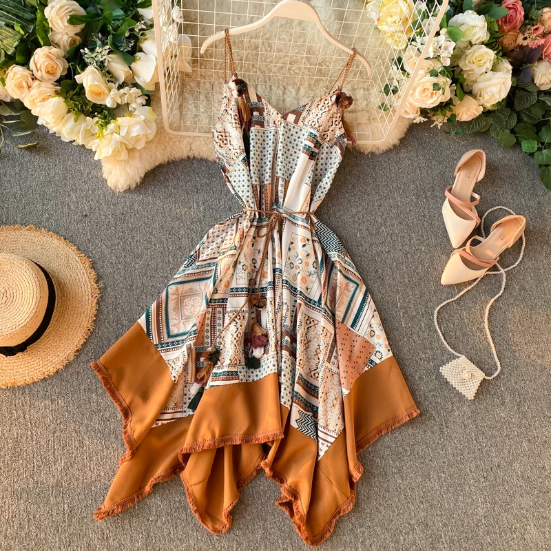 Женское богемное Платье с принтом привлекательное пляжное платье трапеция V