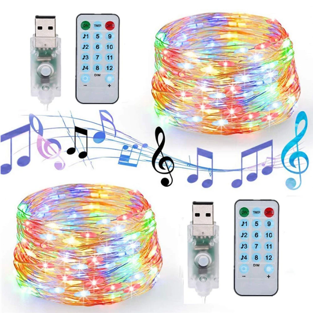 USB Sound Activated LED Music String Light Remote Control 5M 10M Copper Wire Fariy Garland Light for Wedding Christmas Holiday