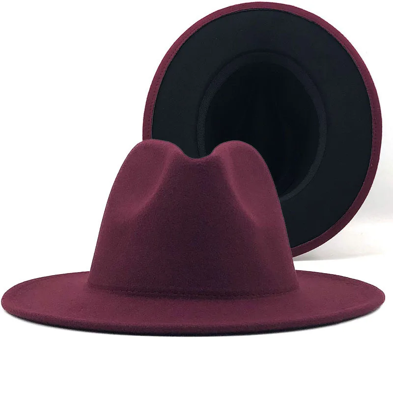 

Classics Women Men Outer wine Red Inner Black Wool Felt Jazz Two Tone Fedora Hat Vintage British Style Wide Brim Panama Cap