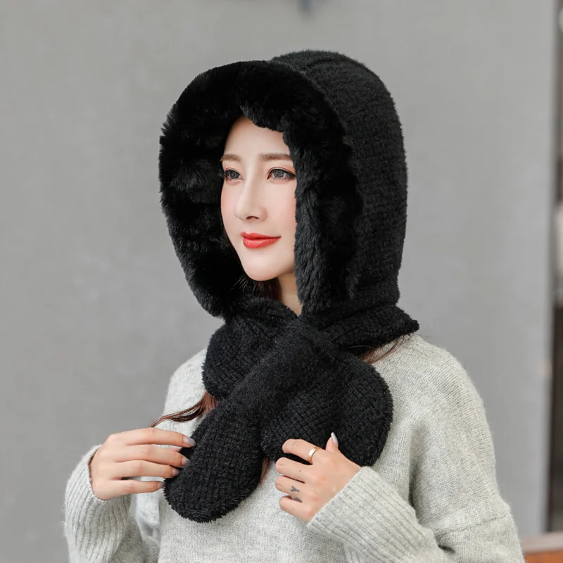 Зимние шапки бини женский шарф вязаная шапка с капюшоном Теплые Мешковатые