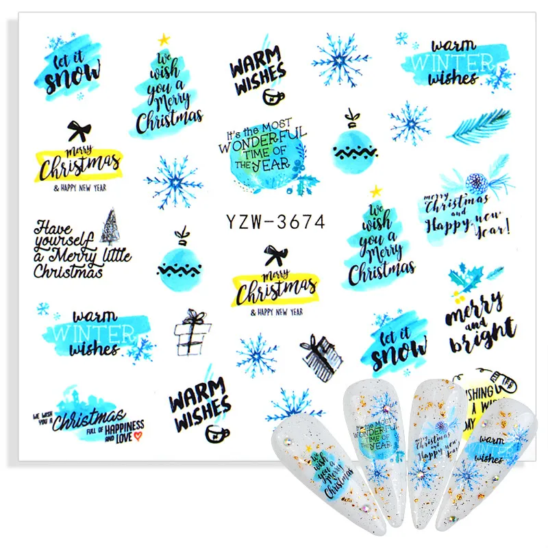 2022 Рождественский узор для украшения ногтей наклейки воды перо Снежинка