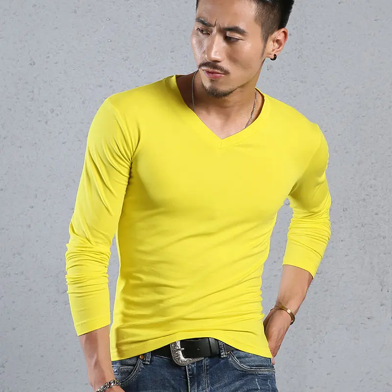 Мужская футболка с V-образным вырезом и длинным рукавом из чистого хлопка | одежда