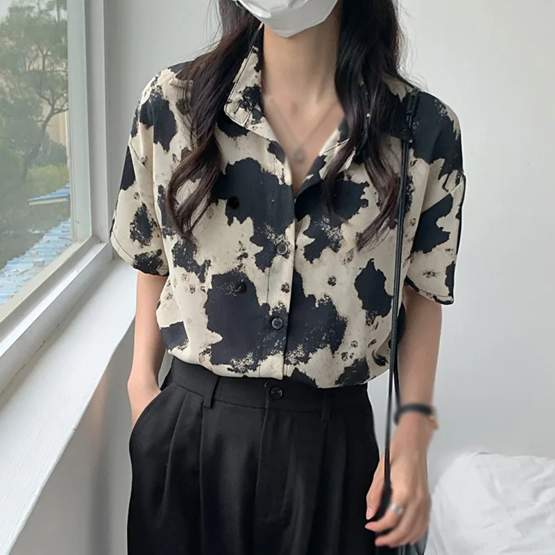 

ETOSELL Print Shirt Casual Loose Summer Female Turn-down Collar Half Sleeve Tops