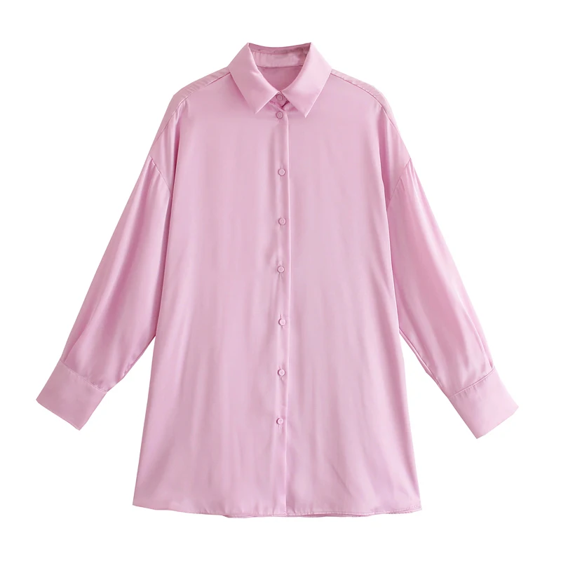 

Женская атласная рубашка Za, однотонная розовая Свободная рубашка оверсайз с длинным рукавом и воротником, повседневный топ на пуговицах, 2021
