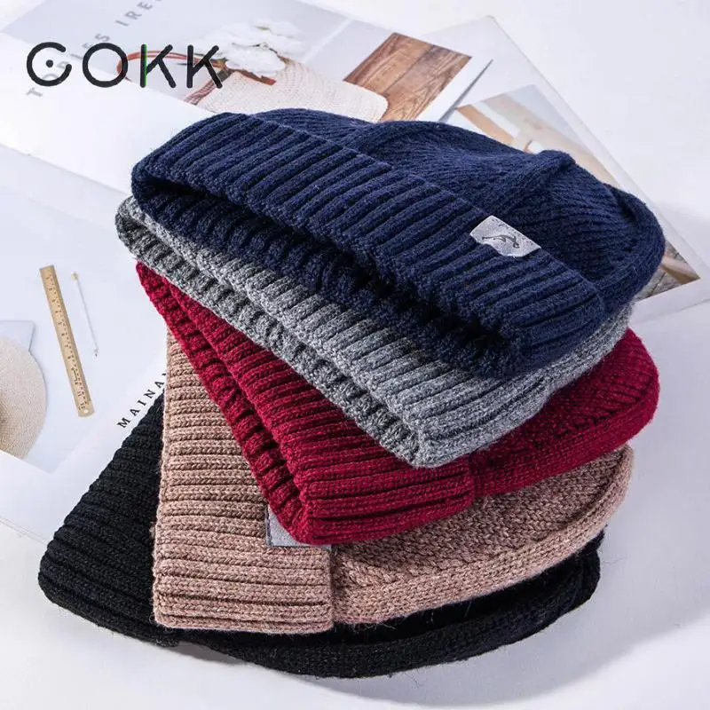 COKK мужские шапочки, мужские зимние вязаные шерстяные шапки с черепом, уличные теплые вязаные шапки для женщин, одноцветные толстые шапки в стиле хип-хоп Gorras