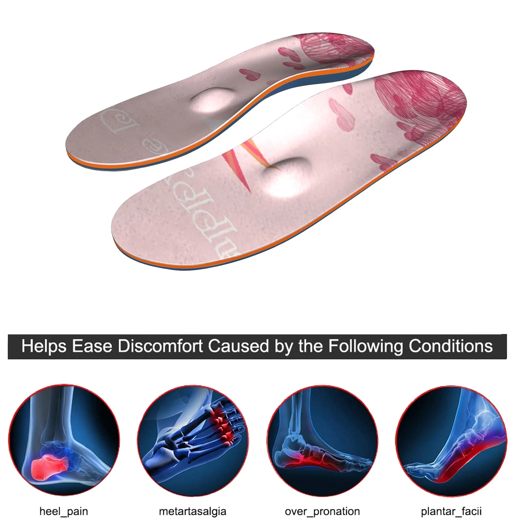 Pink sports insole women's universal heel orthopedic pad, plantar fasciitis, plantar arch support, orthopedic insole