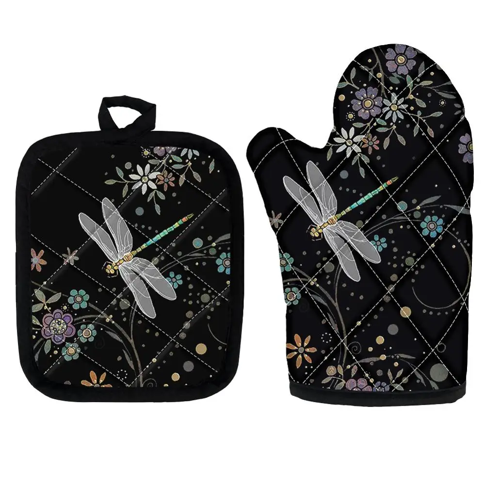 

Dark Night Dragonfly with Floral Pattern Home Kitchen Cooking Gloves Heat Resistant Bowl Mat BBQ Oven Grill Mitts Potholder