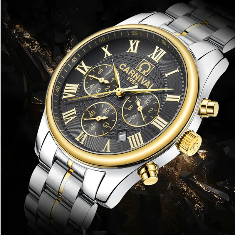 Carnival Brand Fashion Watch for Men Luxury Calendar Week Month Display Automatic Mechanical Wristwatch Waterproof Reloj Hombre