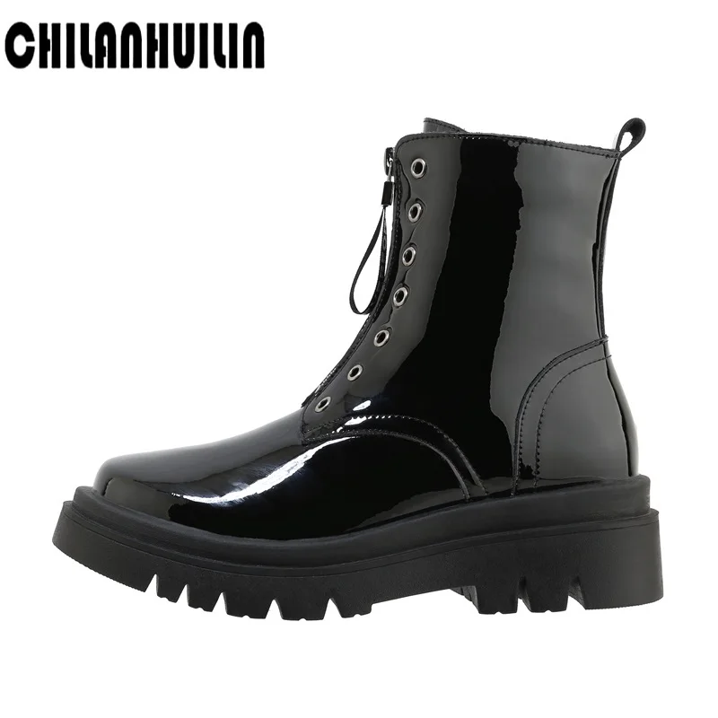 

fashion boots women patent leather shoes autumn winter boots shoes woman casual platform botas mujer female zipper ankle boots
