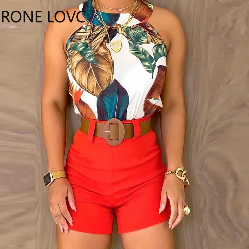 

Women Sets Clothes Tropical Print Sleeveless Halter Top & Shorts Set Women Sets 2 Piece Set