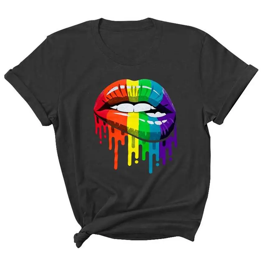 

2021 Summer Hot Sale Sexy Leopard Rainbow Lip Print Black T-shirt Plus Size Women Short-sleeved Top Harajuku Round Neck Clothes