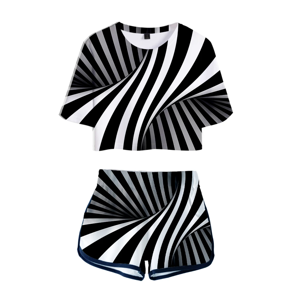 

Optional illusion Tracksuits 3D Two Piece Set Sexy Short Top and Middle Waist Shorts Pop Lady Fitness Summer Fashion Tracksuits