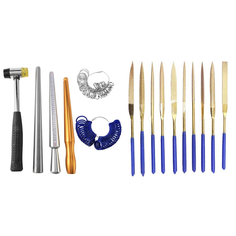 

6Pcs Ring Enlarger Stick Mandrel Handle Hammers Ring Sizer & 10x 140mm Golden Titanium-Plated Diamond Files