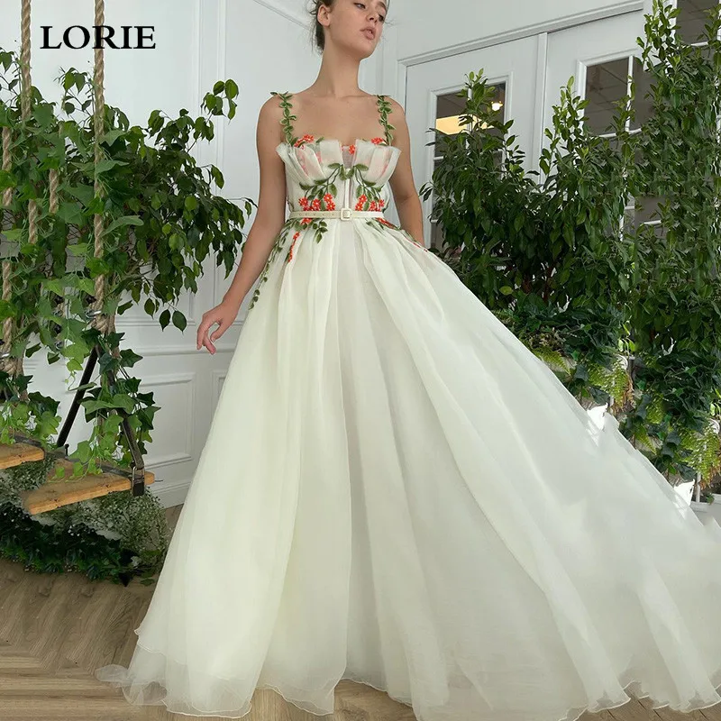 

LORIE Ivory Tulle Wedding Dress A-Line Spaghetti Straps Bride Dresses With 3D Embroidery Flowers Boho Wedding Party Gowns