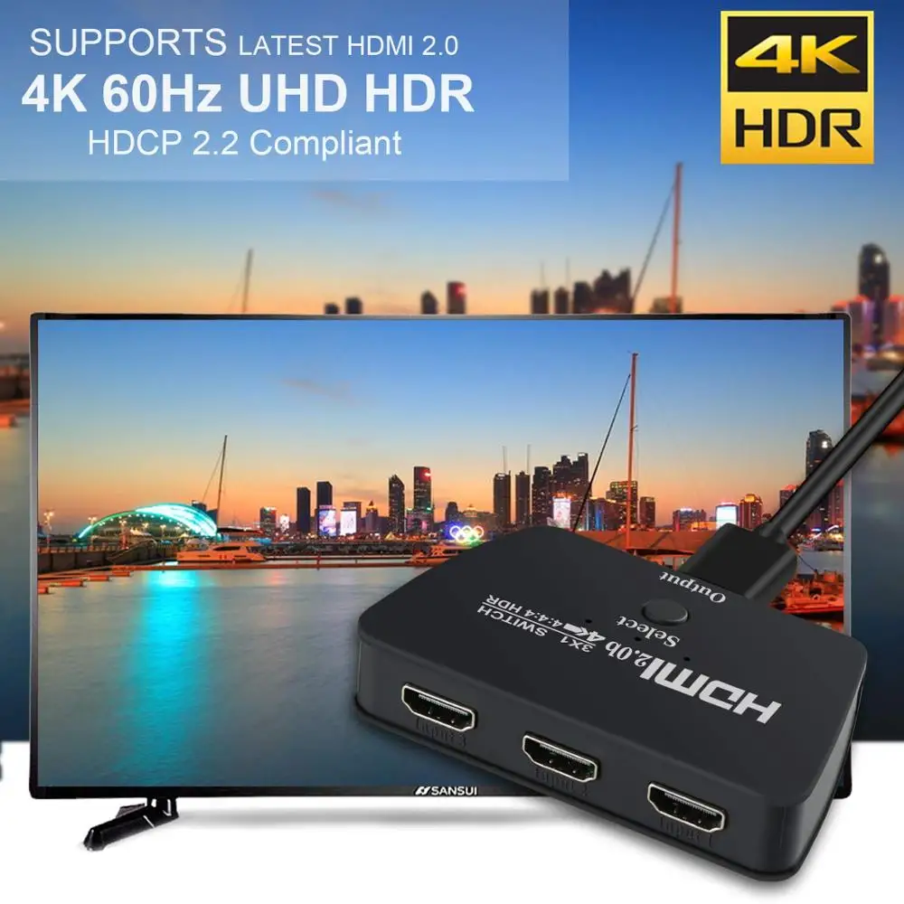 3-портовый Переключатель HDMI 4K @ 60 Гц HDMI2.0 3D HDCP2.2 HDR для ТВ Fire Stick HDTV PS4 игровые консоли