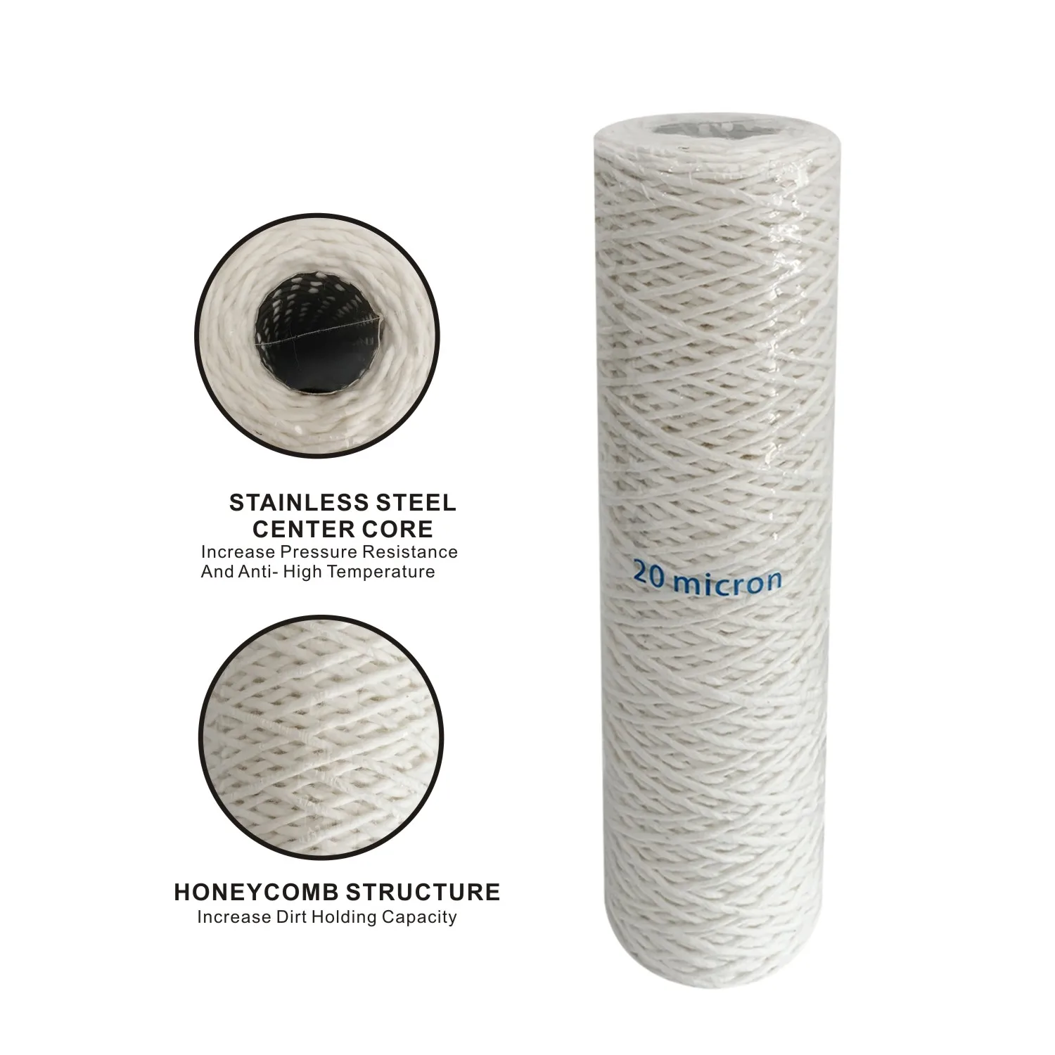 

20-Micron Cotton String Wound Replacement Cartridge Filter with Stainless Steel Core, 2.5" x 10" , anti high temperature
