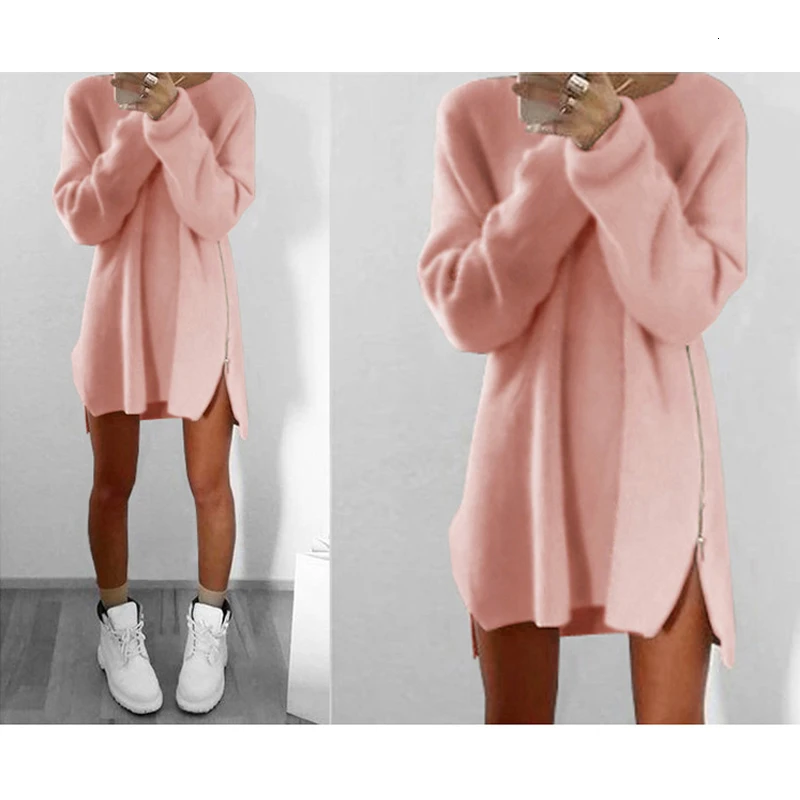 

Sweater Dress Women Autumn Winter O-neck Pullover Loose Long Sleeve Zippers Knitted Cotton Warm Dress Sexy Mini Party Dresses