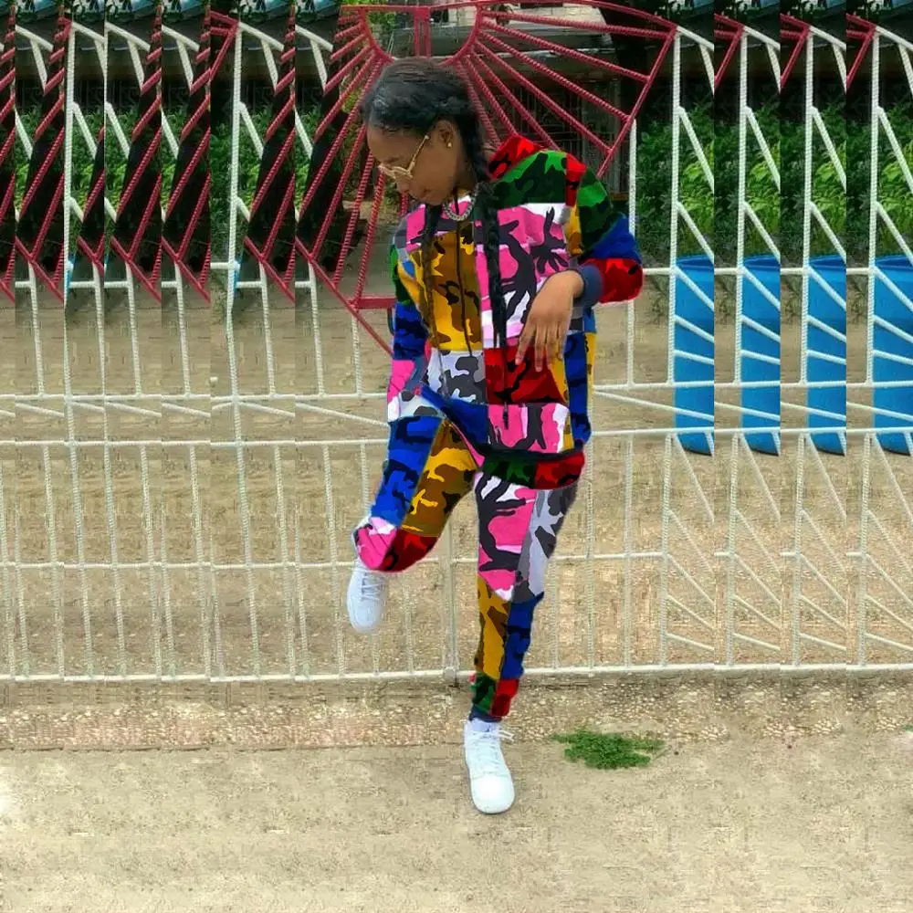 

Colorized Personality Printed Sport Woman 2 Piece Outfits Full Sleeve O Neck Regular Tees And High Waist Pants Casual Set M223G