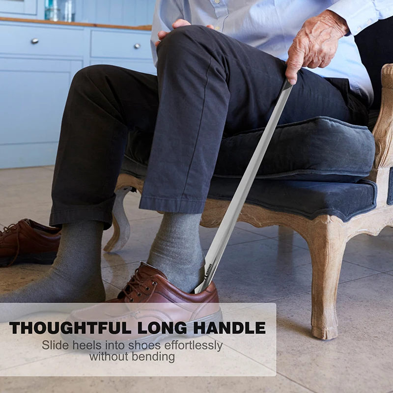 ZOMAKE Long Handle Shoe Horn Stainess Steel Shoe Spoon Set of 2. Travel SizeShoe With Leather Cover Shoe Horn Helper for Seniors