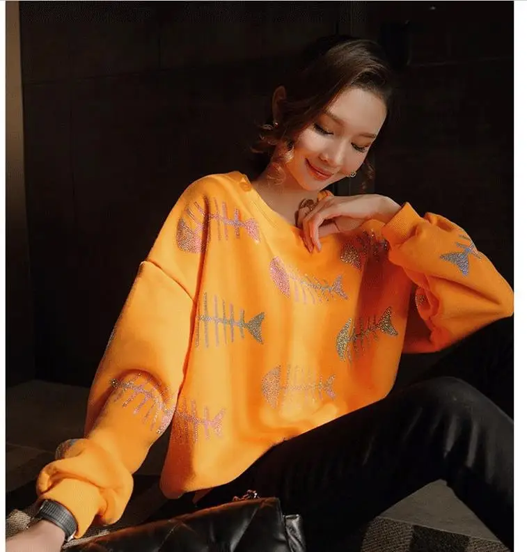 

Palm Home Hot Drill Fishbone Orange Sweater Women's Loose and Thickened Autumn and Winter Long Sleeve Top Fashion 2021 New