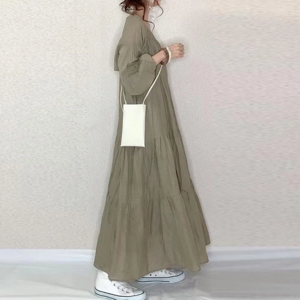 

Simple V-neck solid color long sleeve stitching swing dress