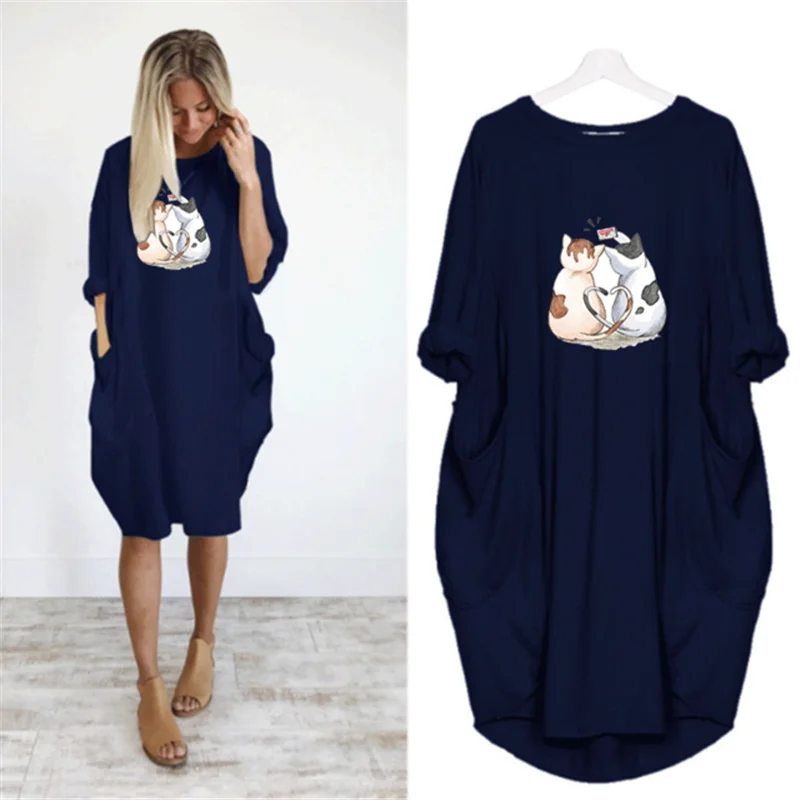 

Pocket Loose Plus Size Woman Dress Vintage Fall Midi Clothes Party Casual Pregnant Korean Fashion Clothing Sukienka