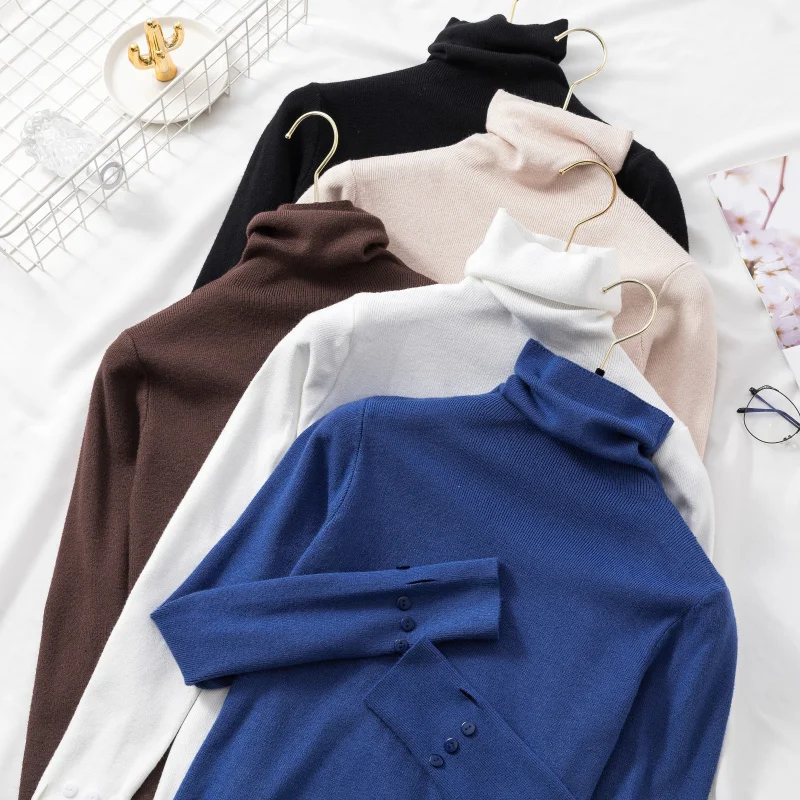 

Пуловеры женские свитера с высоким воротником Модный зимний женский джемпер на пуговицах с длинным рукавом Осенний корейский базовый топ м...