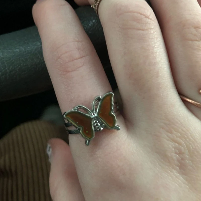 

Vintage Butterfly Glitter Powder Adjustable Open Ring Unique Temperature Control Color Animal Rings Fashion Female Jewelry Gift