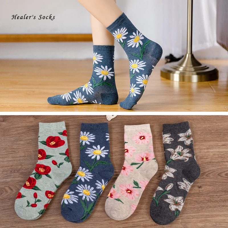 

New Funny Flower Women Socks Cotton Rose Daisy Peach blossom Harajuku Fashion Soft Japanese Happy Cute Classic Girls Tube Socks