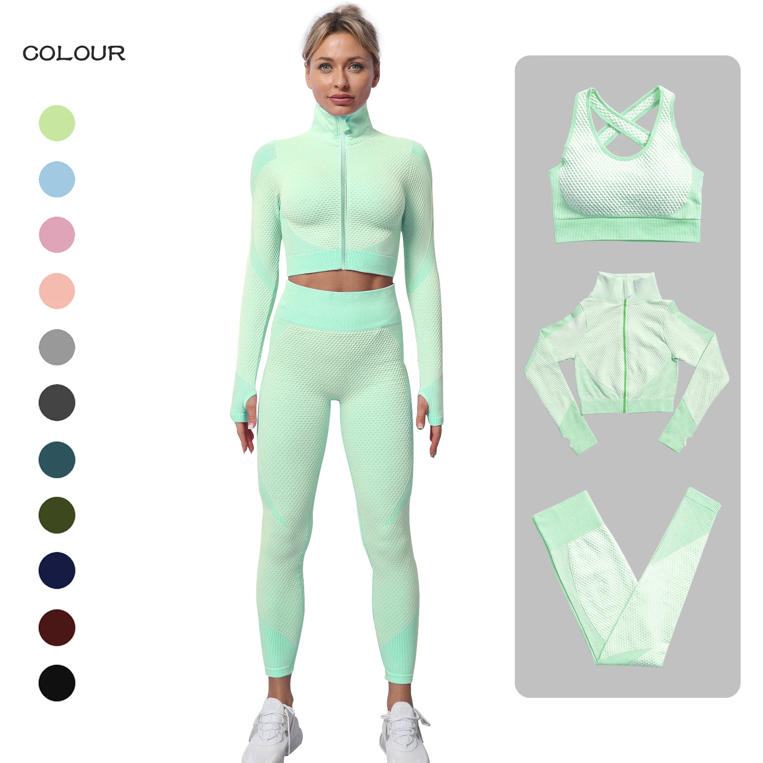 Short Bar Seamless Women Yoga Set Workout Sportswear Gym Clothing Fitness Long Sleeve Crop Top High Waist Leggings Sports Suits