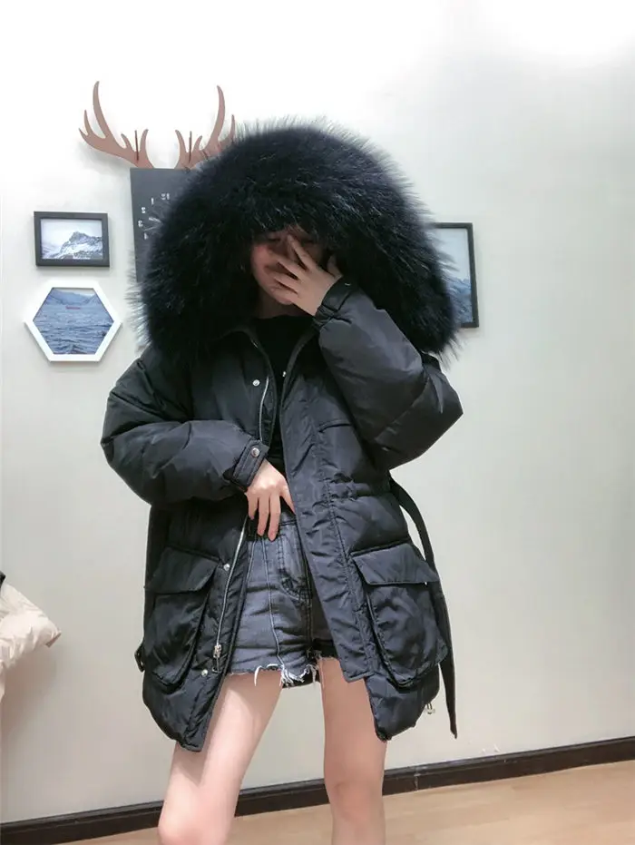 White Down Coat Winter Woman Fashion New Hooded Fur Collar Warm Thicken Cotton Clothing Casual Parkas Belt Overcoat f1401