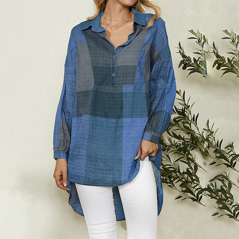

2021 Spring Retro Plaid Irregular Casual Cotton Shirt Dress Women Elegant Turn-down Collar Long Sleeve Button Pocket Loose Dress