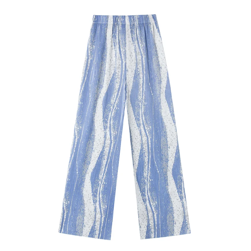 

Chic Tie Dye Water Ripple Loose Wide-leg Women Pants Casual High Waist Pleated Trousers Ladies Summer Full Pants