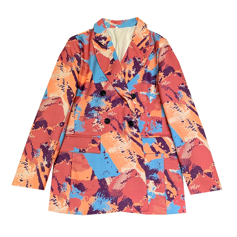

Women's Loose Jacket Print Casual Long Sleeve Ladies Suit Double Breasted Office Blazer High Quality New Autumn and Winter