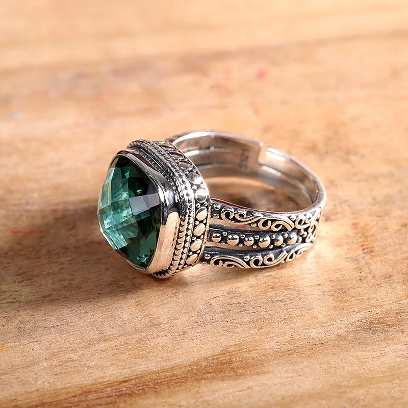 

MetJakt Fashion Vintage S925 Sterling Silver Green Crystal Women's Open Ring