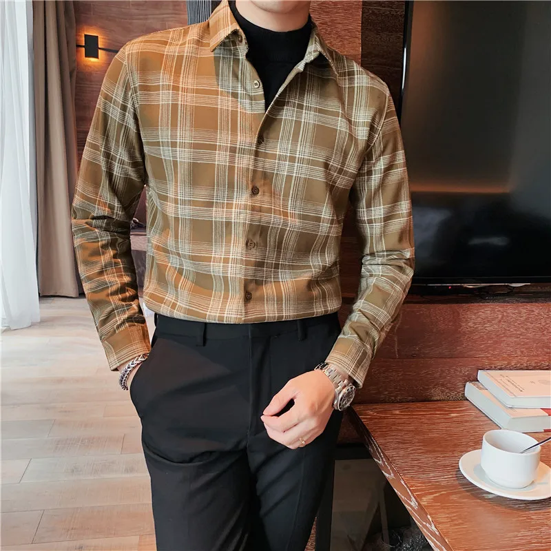 

High Quality Autumn Winter Thick Plaid Shirts For Men Clothing Fashion Fake-2Pieces Slim Fit Casual Chemise Homme Black/Khaki