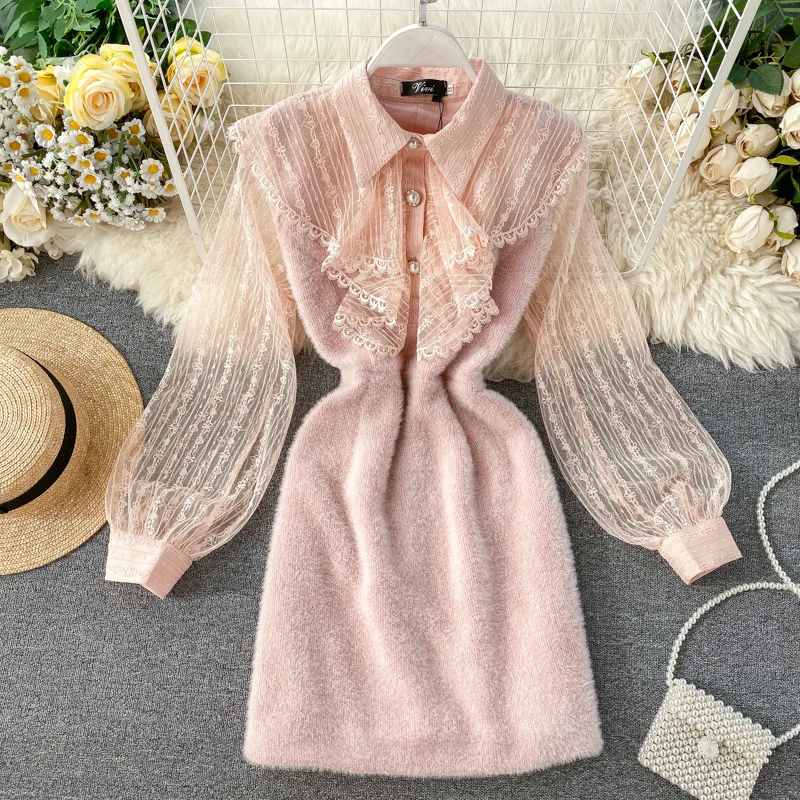 2020 Новая мода Женская одежда кружевное платье женское с пышными рукавами выше