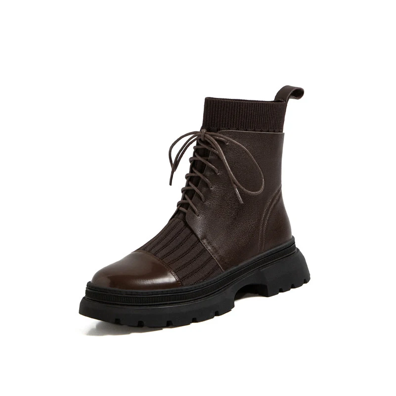 

FOREADA Natural Genuine Leather Ankle Boots Woman Motorcycle Boots Flat Platform Short Boots Lace Up Female Shoes Autumn Black