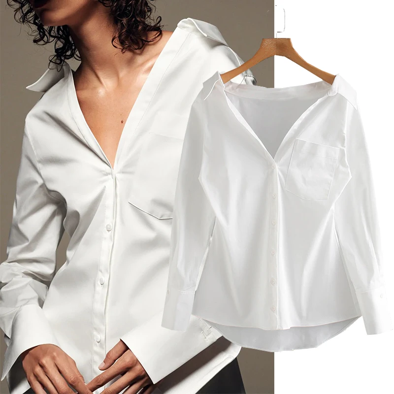 Женская блузка из чистого белого поплина ZA с глубоким V-образным вырезом и