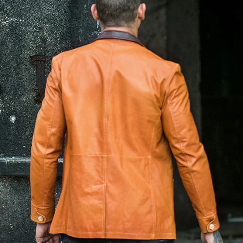 

Personality Chic Neckline Pockets Mens Slim Jackets Genuine Leather Long Sleeve Single Breasted Sheepskin Short Coats Plus Size
