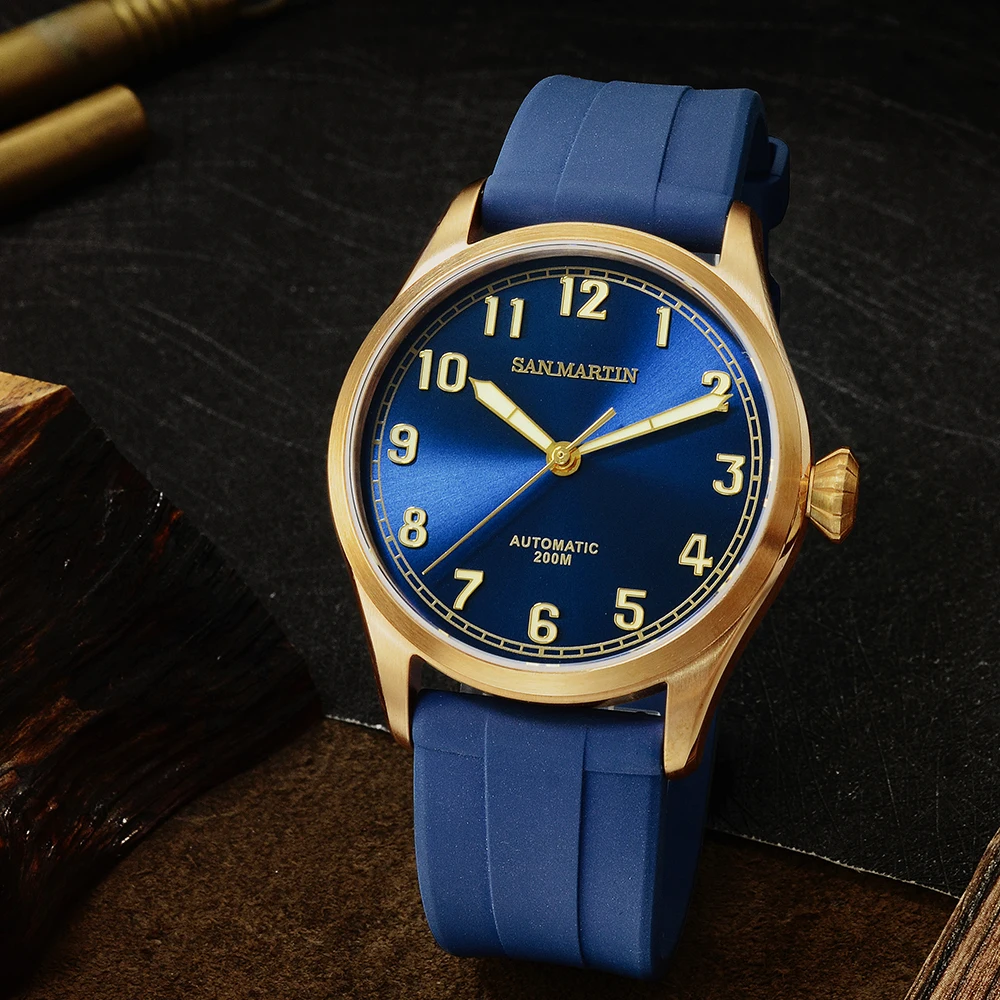Blue PT Мужские автоматические механические часы San Martin Diver в ретро стиле из оловянной бронзы, люминесцентный резиновый сапфировый прозрачный чехол с подсветкой - Цвет: Blue PT